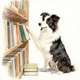 A watercolor painting of a border-collie anthro librarian sorting books