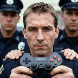 closeup portrait of of police arresting a playstation 2, ps 2. photograph, world press photo, natural light, sharp, detailed face, magazine, press, photo. steve mccurry, david lazar, canon, nikon, focus