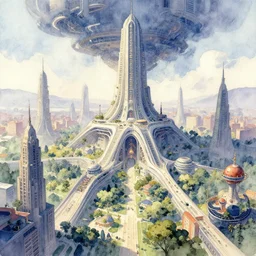 utopian future city ruled by ai overlord, watercolor painting