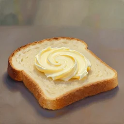 swirl of butter on a fresh slice of bread. gouache fairytale art, russian romanticism, muted palette, backlighting, depth of field