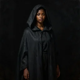 a portrait of a young black woman wearing a long dark cloak, hood and shadows covering face, anatomically correct, beautiful perfect face, enigmatic, oil painting, matte painting, black background, Volumetric dynamic lighting, Highly Detailed, Cinematic Lighting, Unreal Engine, 8k, HD, by Beksinski