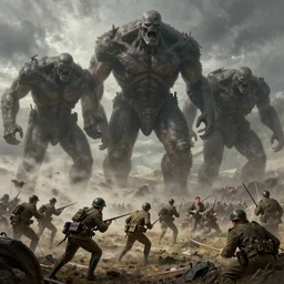 concept art, world war one soldiers battle against giant titans, realistic shaded lighting poster by ilya kuvshinov, magali villeneuve, artgerm, jeremy lipkin and michael garmash and rob rey