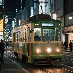 a tram ride in tokyo at night, hyper realistic, very detailed, cinematic