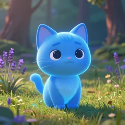 disney pixar render of a blue glowing cute cat in grassy field with forest in the background, lavender growing nearby, cinematic lighting, octane render 8 k
