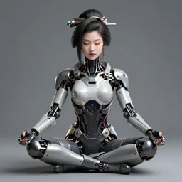 cyberpunk geisha wearing mechnical clothes, in a lotus position, meditating, 8 k, by tristan eaton, stanley artgermm, tom bagshaw, greg rutkowski, carne griffiths, ayami kojima, beksinski, giger, trending on deviantart, hyper detailed, cybernetic, full of colour, brain