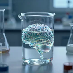 alien brain glass container filled with water sitting on the table of a science laboratory, octane, trending on artstation, volumetric lighting — w 6 4 0