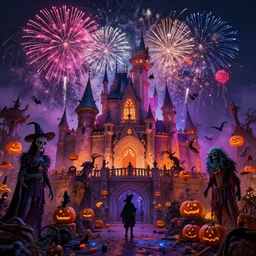 halloweentown celebration with halloween creatures and colorful fireworks, volumetric lighting, 8 k octane beautifully detailed render, post - processing, extremely hyper - detailed, intricate, epic composition, cinematic lighting, masterpiece, trending on artstation, detailed detailed detailed, masterpiece, stunning art by anders zorn, wonderful masterpiece by greg rutkowski, beautiful cinematic light,