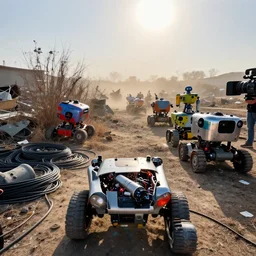 a first person view of few broken boston dynamics wheeled robots, in a colorful scrap yards of robots, electric sparks, shiny metallic paint, metal cemetery, dried up bushes, polluted land, cables stacked on the ground, dust bowl, heat haze mirage, blinding sun, dust storm in the horizon, reporter, live footage, canon lens, close - up, depth of field, kodak film