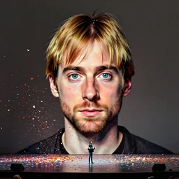 kurt cobain as a explosion of confetti, on a stage, big eyes, portrait by greg hildebrandt, studio lighting, muted colors, by terry richardson, handmade, by beeple, ultrarelistic, extreme detail, reflections, trending on artstation, 8 k