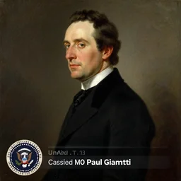 official side portrait of united states president paul giamatti, in a black suit, 1 8 0 8, a character portrait by cassius marcellus coolidge, reddit contest winner, american romanticism, oil on canvas, detailed painting, creative commons attribution