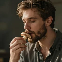 young handsome bearded man eats mushrooms