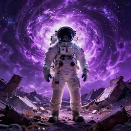 a single astronaut standing in the ruins of crux prime, purple fiery maelstrom in the distance, digital art, artstationhq