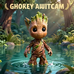 little cute Groot takes a bath in the lake, against the backdrop of trees, poster, by disney plus