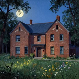 a brick house at blue dawn,, 1 9 7 0 s, seventies, delicate embellishments, a little blood, woodland, moonlight shining on wildflowers, painterly, offset printing technique, by alexandre cabanel