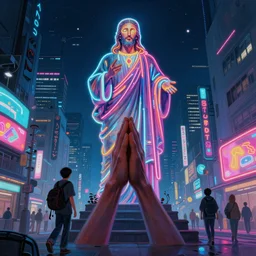 a realistic painting of neon jesus they prayed in tokyo, cyberpunk, wideangle camera