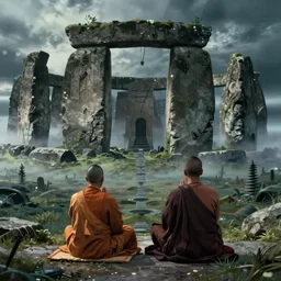 movie still from princess mononoke ( 1 9 9 7 ) showing a highly detailed landscape with two monks praying with stonehenge in the background 1 9 8 0 s science fiction, 1 9 7 0 s science fiction, cyberpunk, moody, misty, depth perception, 4 k, artstation