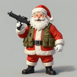 concept of Santa Claus holding a M61 Vulcan and wearing an army harness vest full of pouches, by Geof Darrow and Simon Bisley, detailed, full body