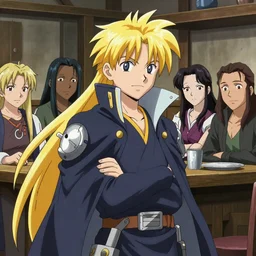 young blonde boy fantasy thief in a tavern surrounded by friends of different skin tones, full metal alchemist, anime style