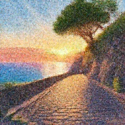 a lonely cobblestone street with a tree on a cliff over the sea at sunset, brightly illuminated by rays of sun, artstation, colorful peter chan illustration, day of the tentacle style, low camera angle