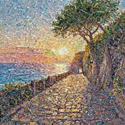 a lonely cobblestone street with a tree on a cliff over the sea at sunset, brightly illuminated by rays of sun, artstation, colorful peter chan illustration, day of the tentacle style, low camera angle