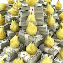 a large stack of money covered in pears