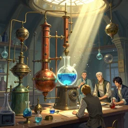 an alchemist lab, potions, stills, complex devices, concept art illustration, color page, tone mapping, akihiko yoshida, james jean, andrei riabovitchev, marc simonetti, digital illustration, greg rutowski, volumetric lighting, sunbeams, particles