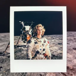 vintage polaroid of a woman on the surface of the moon landing, detailed clouds, warm azure tones, red color bleed, film grain