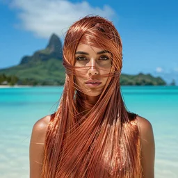 closeup portrait of a woman wrapped in copper fiber, standing in bora bora, color photograph, by vincent desiderio, canon eos c 3 0 0, ƒ 1. 8, 3 5 mm, 8 k, medium - format print