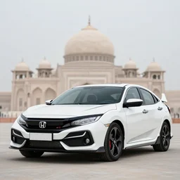 a white honda civic 2017 hatchback sports in front of Monas