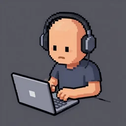 a bald hipster with headphones and a laptop, isometric pixelart, sprite, pixelart!!