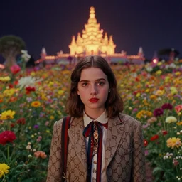 , movie still by wes anderson of a beautiful girl wearing gucci exploring a magical field of flowers, glowing temple in the distance, cinestill 8 0 0 t eastmancolor technicolor, high quality, very detailed, heavy grain, fine facial features, 8 k, octane render