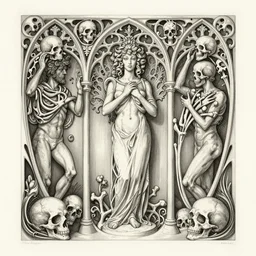 detailed realistic memento mori etching by cameron gray and hector guimard, gothic ornament, skulls, bones, art nouveau, neogothic, ornate art nouveau botanicals, horizontal symmetry