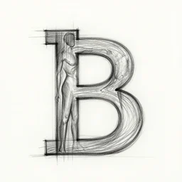 the letter b drawn with a human body, concept art, sketch
