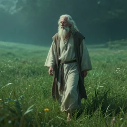 old prophet wandering about a meadow. subsurface scattering