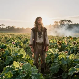 a still of a 20's something man hippie standing in a large field of living plants. Magic hour, backlit, lens flare, smoke in the air.