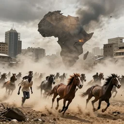 global warming attacks city in africa, everyone running scared, alarms going off, horses panic