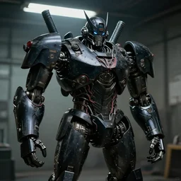 samurai inspired mecha real steel (2011) robot Black. exposed wiring joints. Scowling angry face. Glowing eyes. intimidating cyberpunk style of Roger Deakins Jeremy Saulnier Newton Thomas Sigel Robert Elswit Greig Fraser trending rtx on ue5. 35mm Kodak Vision 2383 gritty atmospheric Bladerunner 2049. Small garage fluorescent lights
