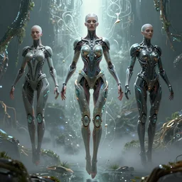 karol bak and tom bagshaw and bastien lecouffe - deharme symmetrical full body character portrait of the borg queen of sentient parasitic flowing ai, floating in a powerful zen state, supermodel, beautiful and ominous, wearing combination of mecha and bodysuit made of wires and fractal ceramic, machinery enveloping nature in the background, artstation scifi character digital concept render