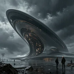 otherworldly atmosphere of an alien planet by arthur haas and bruce pennington and john schoenherr, cinematic matte painting, zaha hadid building, 8 k realistic, stormy rainfall, dark moody colors
