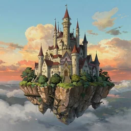 a floating island in the sky with a giant castle on top, sunset, drawn by hayao miyazaki, hi res, 4k