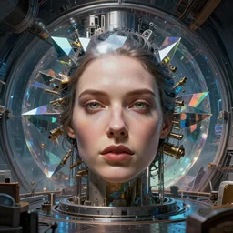 detailed face of a woman, large hadron collider, gyroscopic skydome, wet reflections, prism, atmospheric, ambient, pj crook, syd mead, livia prima, artgerm, greg rutkowski, nick alm, casey baugh