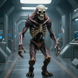 sci - fi movie still frame, skinned monster in hi - tech corridor, photorealistic