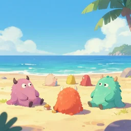 cute little monsters relaxing at the beach, fantasy, concept art, artstation, disney, pixar, dreamworks, anime, tyler edlin, feng zhu, darek zabocki, thomas karpi