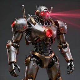 a very detailed robot in steampunk style with red glowing eyes and laserbeams out of the eyes, frontshot, 8 k