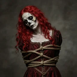 dark schizophrenia portrait, death not dresses body red head woman in medieval dress, strangled with rope, scull blur effect face, victorian style, high detail