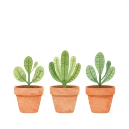 minimalist watercolor art of cute flower pots on white background, illustration, vector art