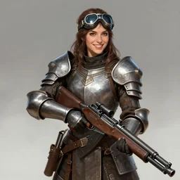 female artificer with futuristic rifle, tubes connecting mediaeval half plate armor to rifle, brown hair, smiling, portrait, goggles over forehead, trending on artstation, digital art
