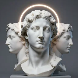 3 d renaissance statue head with a neon ring around the head, highly detailed