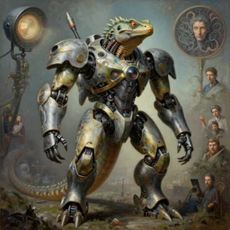 highly detailed painting of a robotic humanoid lizard mecha, painting by gaston bussiere, craig mullins, j. c. leyendecker, lights, art by ernst haeckel, john william godward, hammershøi, alex grey, dmt, symmetric, masterpiece details, hyper - detailed, hd, hdr, 4 k, 8 k