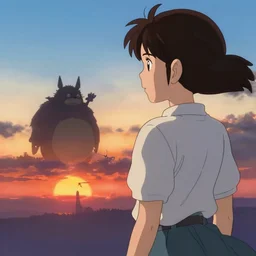 digital illustration anime anime girl looking at howl's walking castle on horizon at sunset, by miazaki, by leiji matsumoto